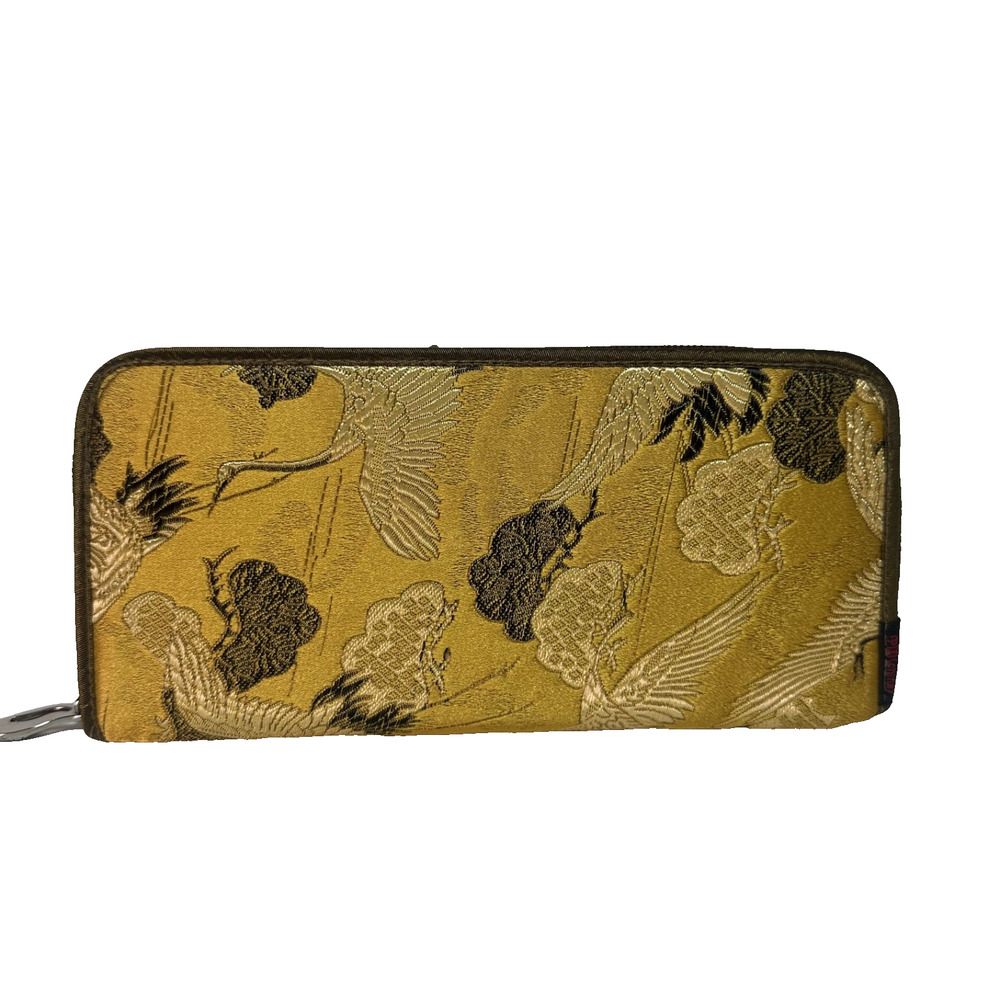 Gold Crane Floral Brocade Zip Around Wallet Wristlet Organizer 8 x 4 New